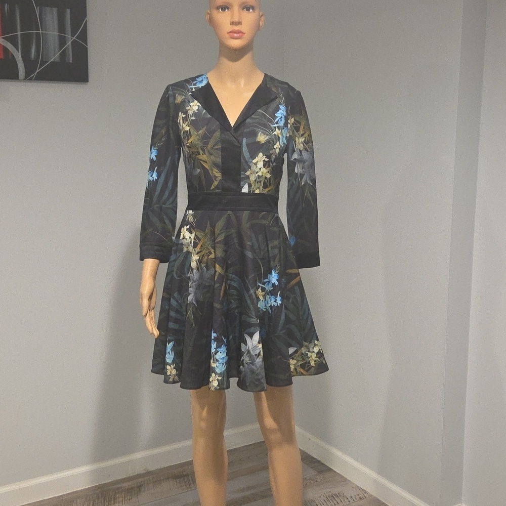 Ted Baker London Black Dress with Blue and Yellow Floral Design